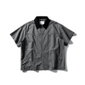 Short sleeve washed overalls shirt in loose cardigan style, shown in khaki colour.