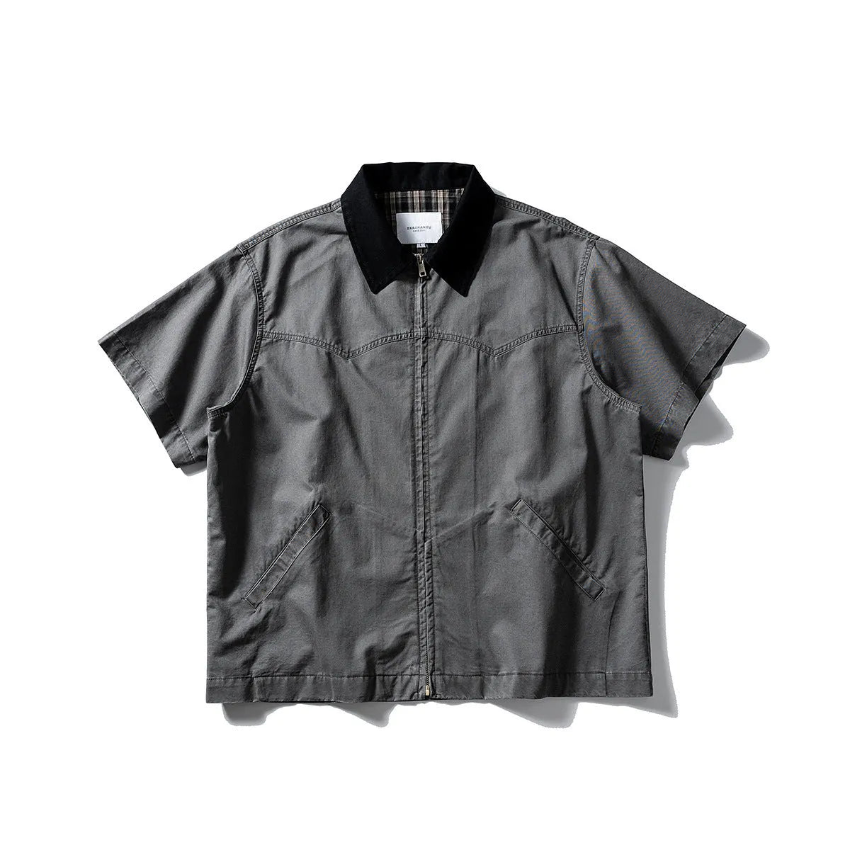 Short sleeve washed overalls shirt in loose cardigan style, shown in khaki colour.
