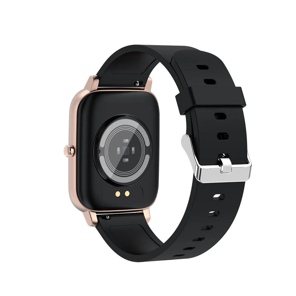 H80 black smart watch on wrist showing heart rate graph on its 1.69-inch spherical tempered glass screen.