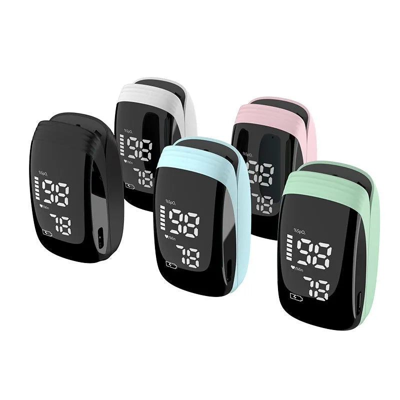 Rechargeable pulse finger clip oximeter with built-in battery in light blue, compact ABS design