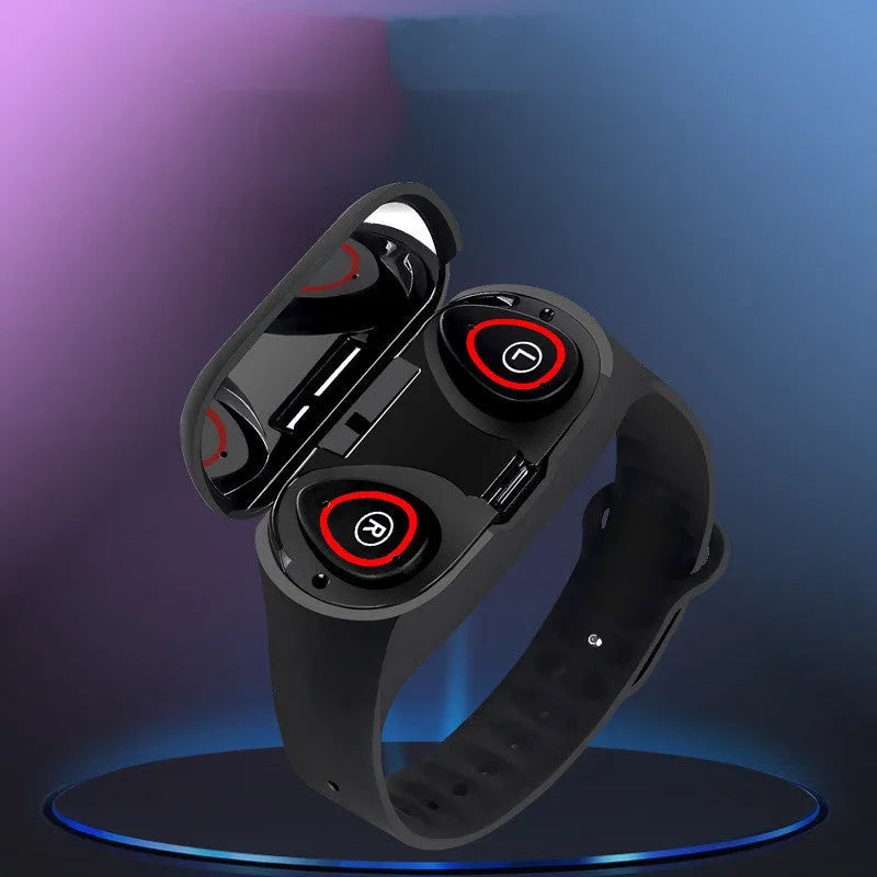 Blue smart bracelet with integrated Bluetooth earphones showing 1 inch display screen on silicone wristband