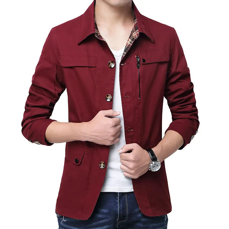 Men's slim fit cotton jacket in Army Green with save pocket, black lining, standing front view