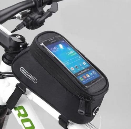 ROSWHEEL black bicycle frame bag mounted on bike, holding an iPhone, showing size scale.