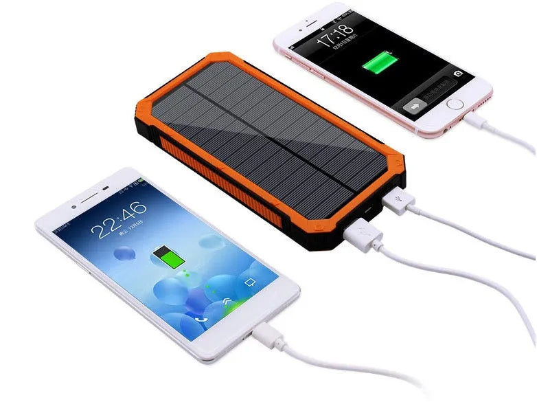 Solar power bank in orange, green, black or yellow with universal charging cable, showing solar panel.
