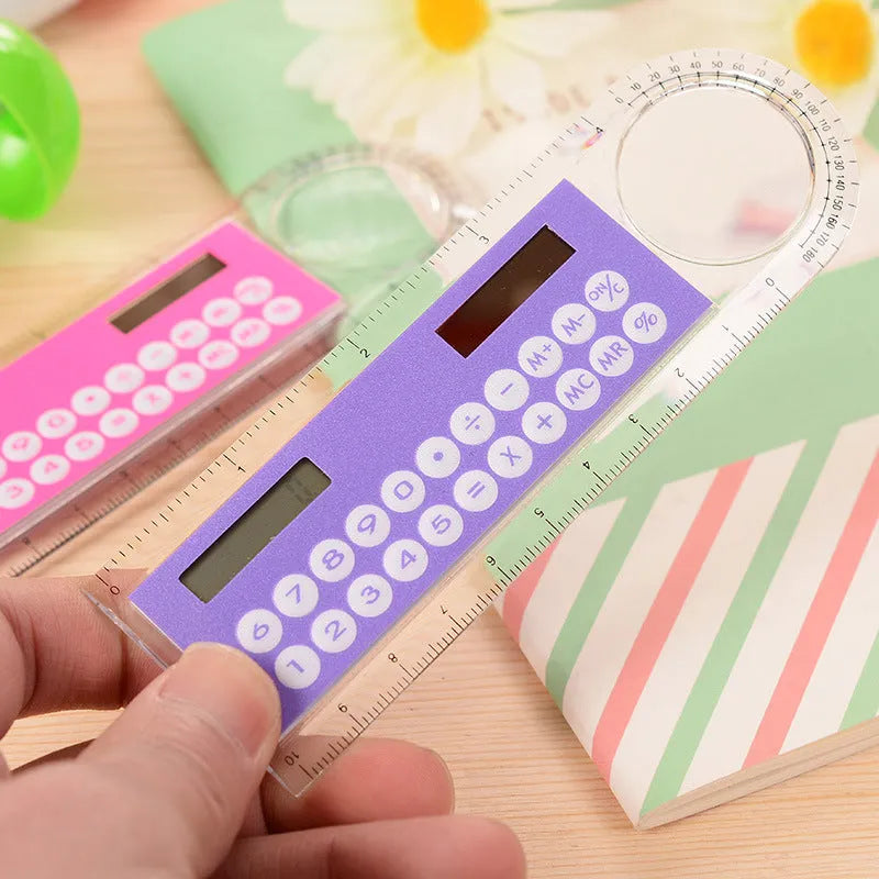 Ultra-thin transparent solar mini calculator with magnifier and ruler, 12.7 cm long