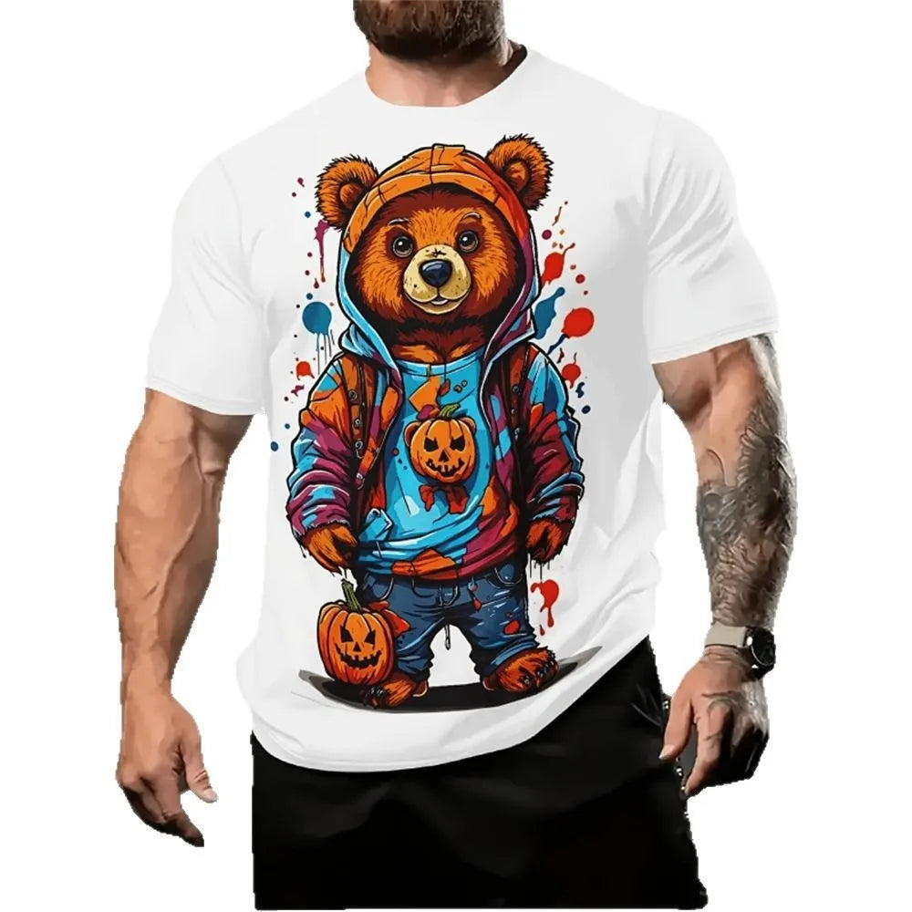 Men's loose casual t-shirt with 3D printed cartoon pattern in milk silk fabric
