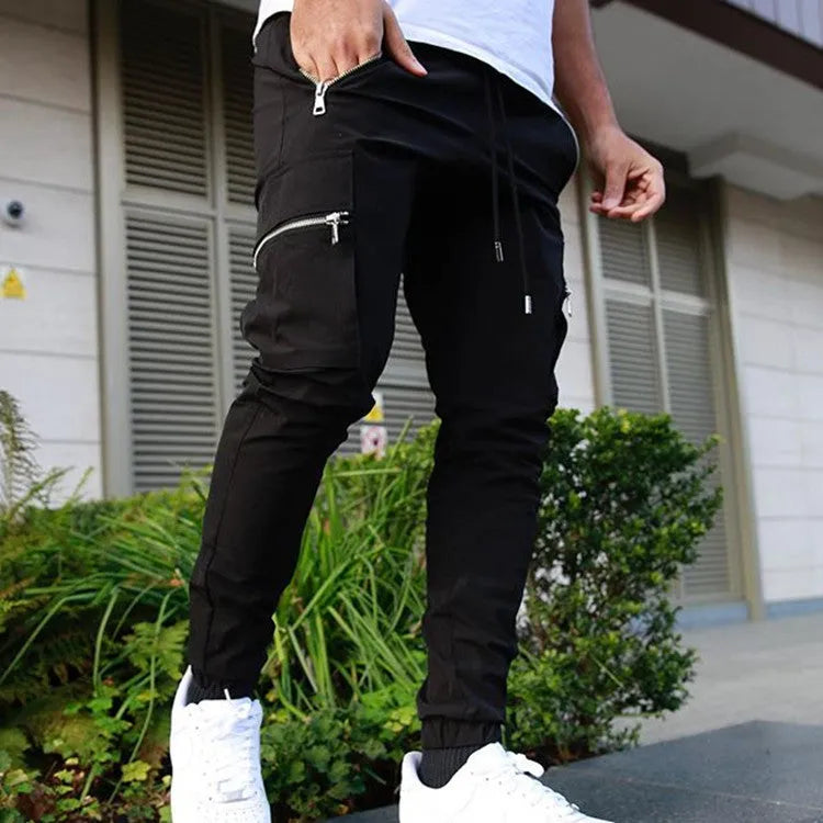 Men's zipper multi-pocket loose casual trousers in black with adjustable belt and small leg opening