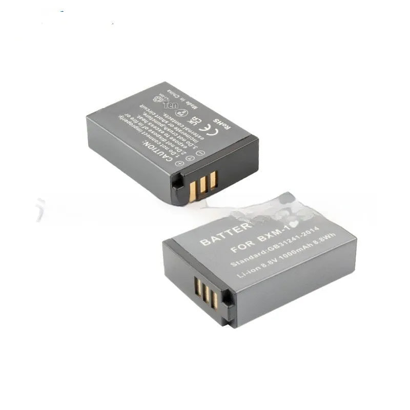 Black BXM-10 replacement camera battery, 1000mAh 8.8V lithium, 45.6x32.5x12.4mm, 35g