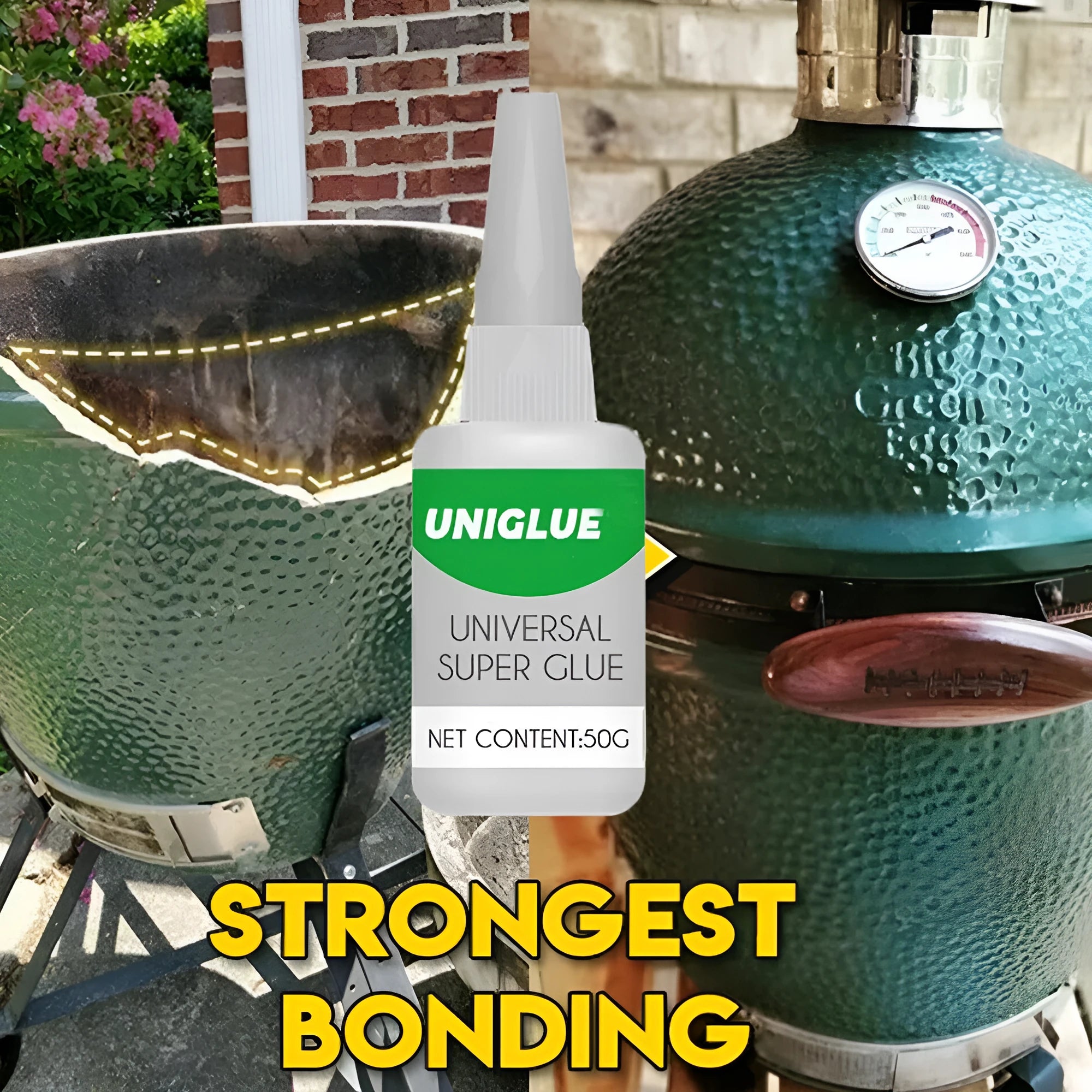 Bottle of Uniglue Universal Super Glue with a pinpoint nozzle, shown repairing a cracked ceramic mug.