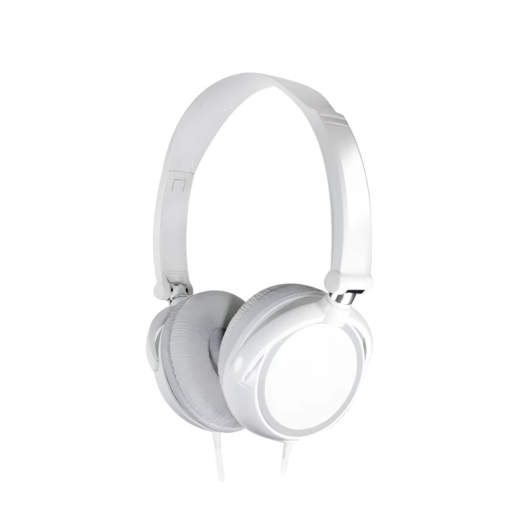 Red folding over-ear wired headphones with adjustable headband and 3.5mm plug on a table