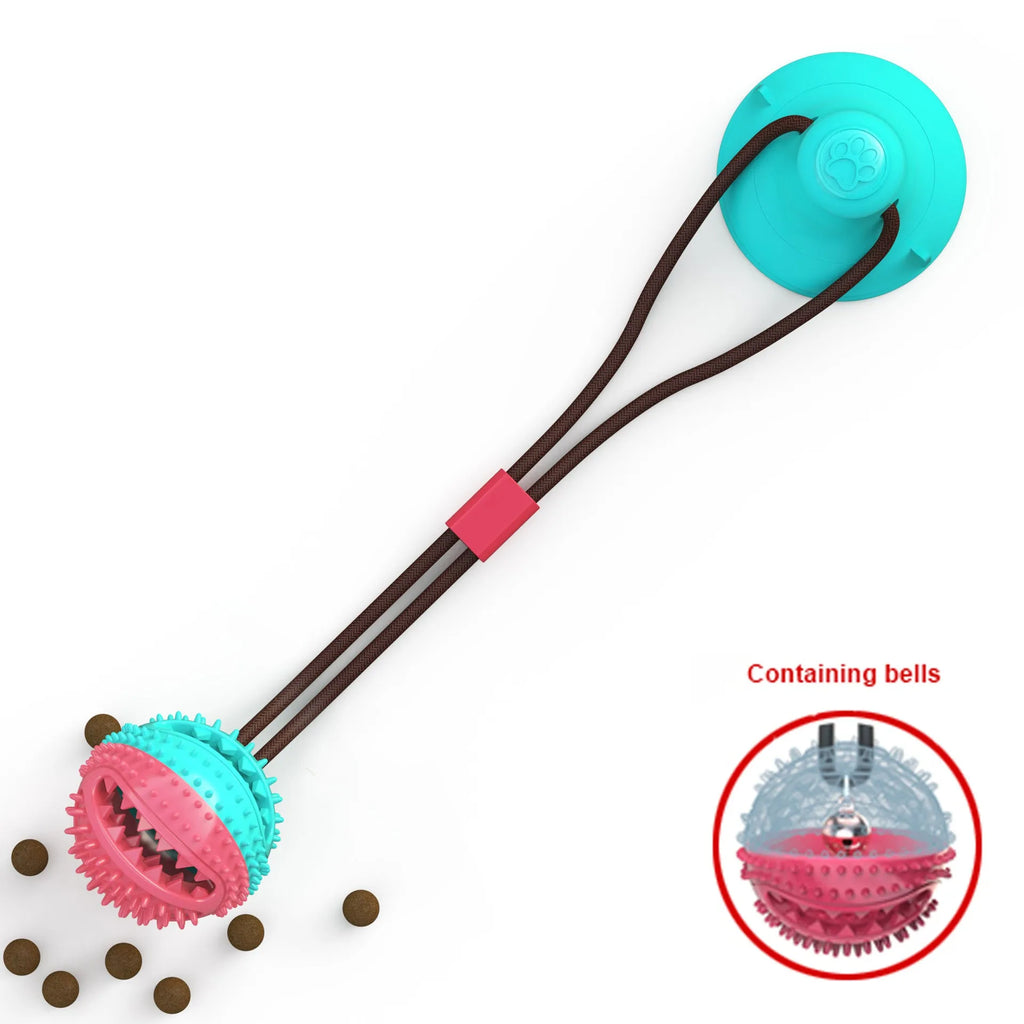 Dog sucker drawstring ball toy in TPR material blue and red white colours on white background
