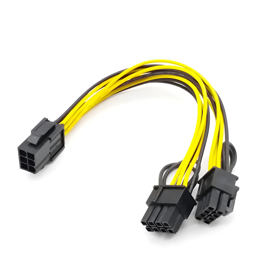 Yellow graphics card power adapter cable with 6-pin plug and two 8-pin (6+2) connectors