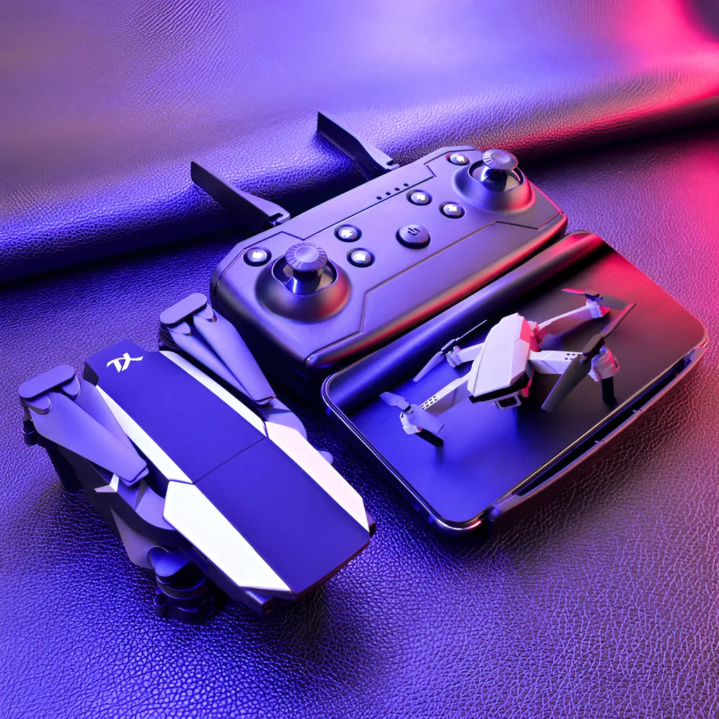 S62 folding quadcopter drone in black with arms extended and camera visible against white background