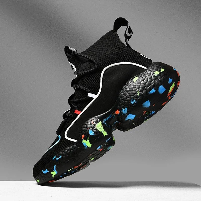 Men's camouflage pattern sneakers with mesh upper and flat rubber sole shown in black and white colour options.