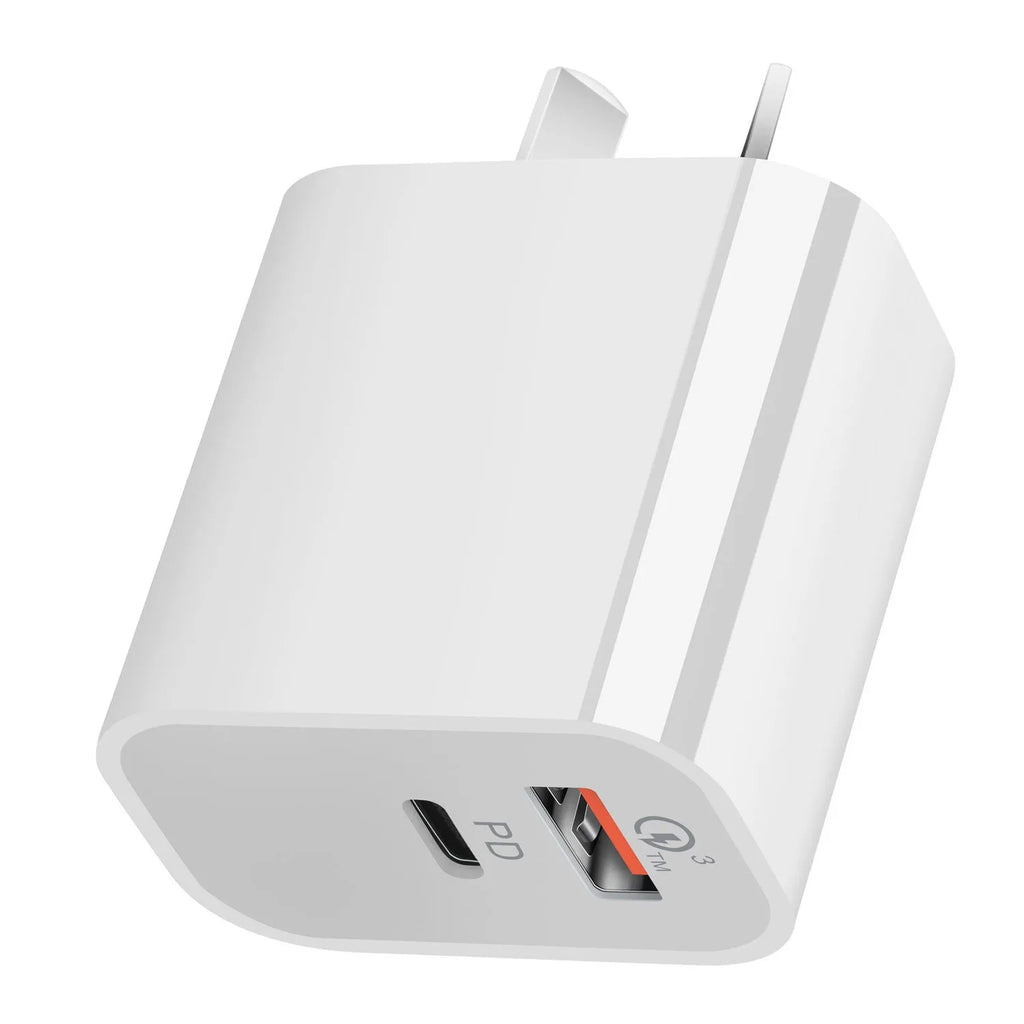 White Australian Standard dual port USB charger with USB-A and USB-C interfaces