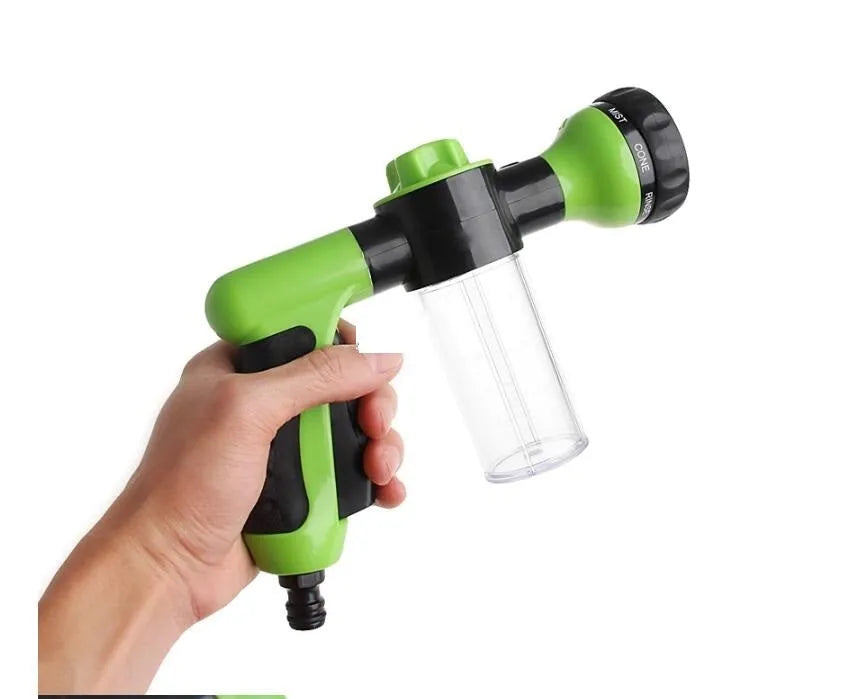Green high-pressure foam spray gun with adjustable nozzle for car washing and garden use
