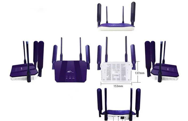 Blue 4G and broadband dual-mode wireless router with four external antennas.