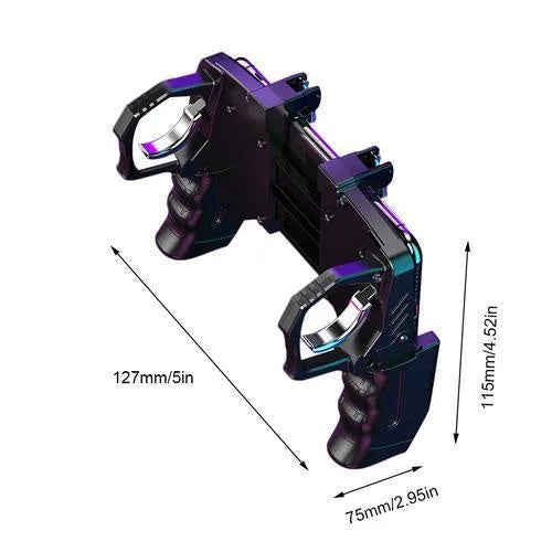Black multi-function gamepad controller with integrated mobile phone holder for smartphones.
