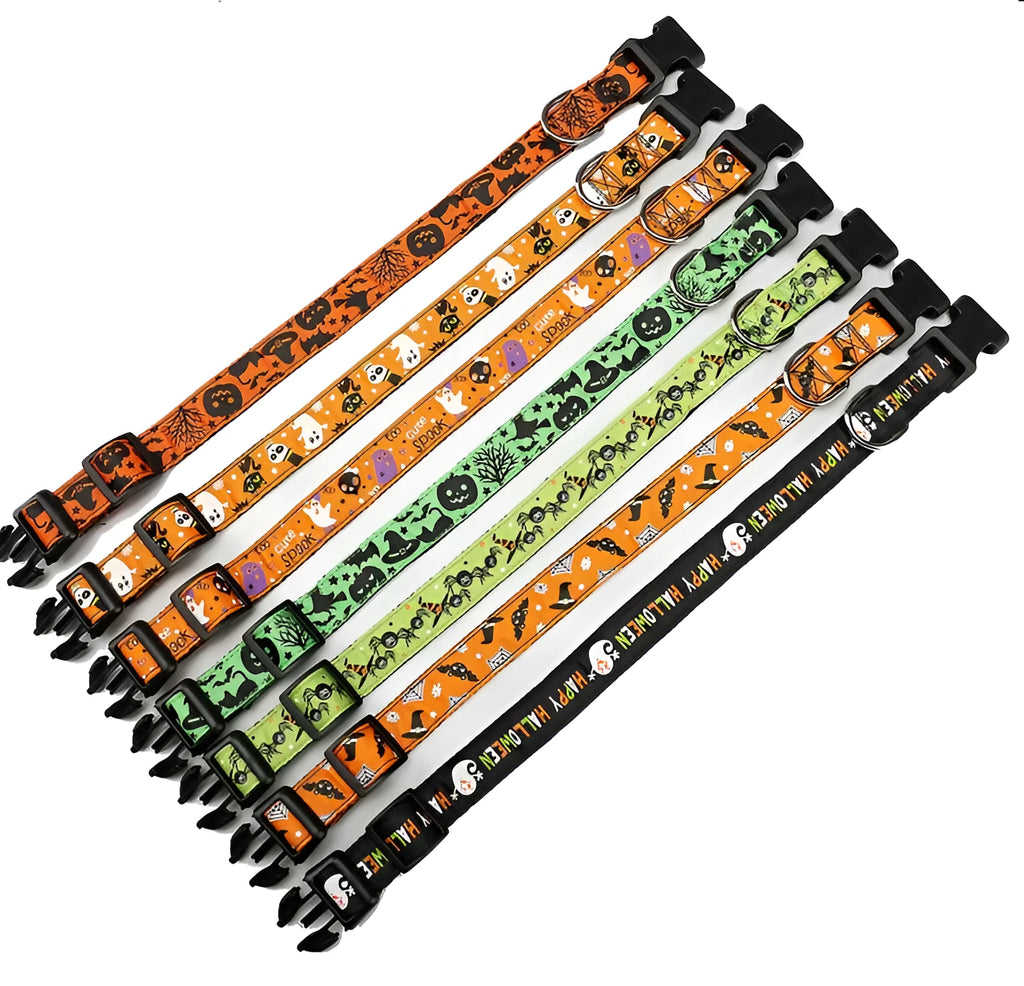 Halloween nylon pet collar with pumpkin hat design on a white background, adjustable size for cats and dogs.