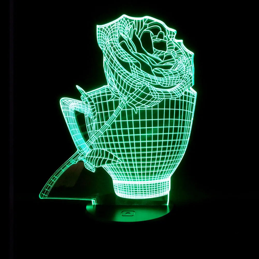 3D rose flower design LED night light on a black ABS base with USB cable and remote control.