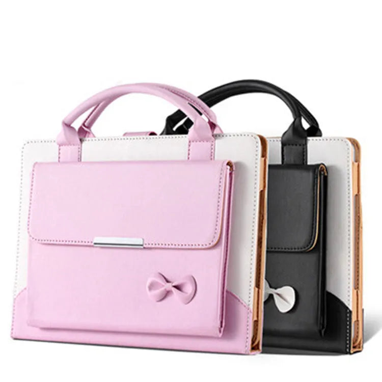 Imitation leather iPad case with bow handbag design, wallet style, sleep function, compatible with iPad mini, Air, Pro.