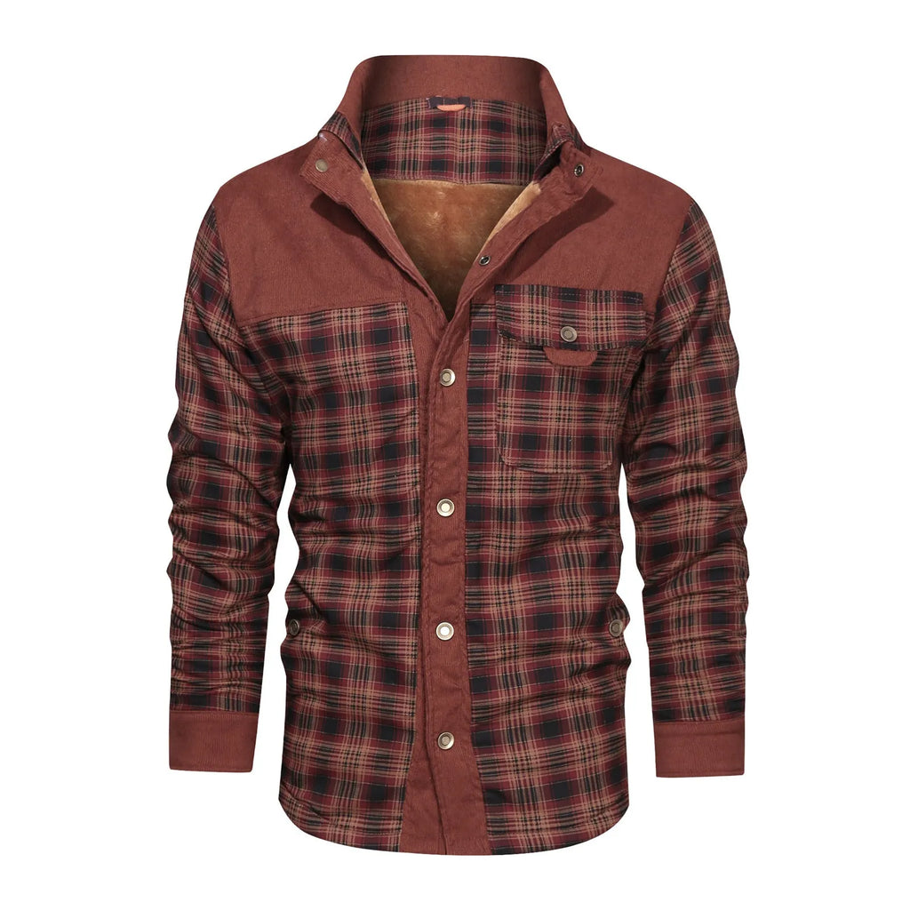 Men's wool thick coat jacket in black white grid pattern, cotton, with single breasted button closure