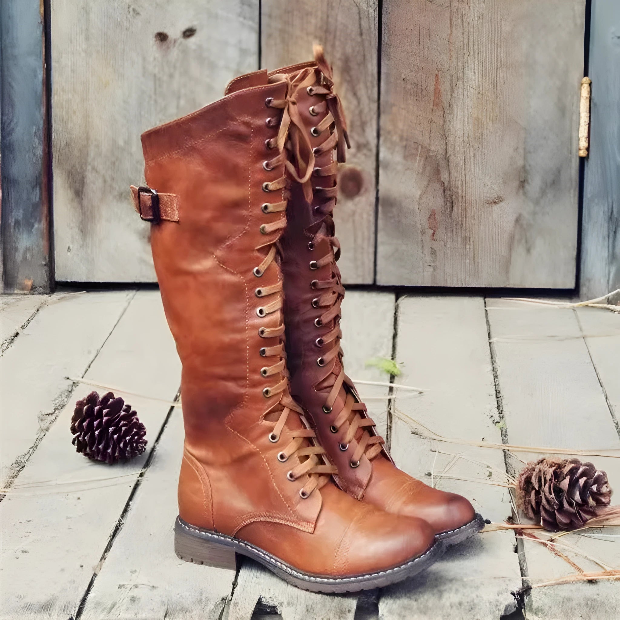 Black chunky heel high leg boots with a round toe and low heel on a plain background.