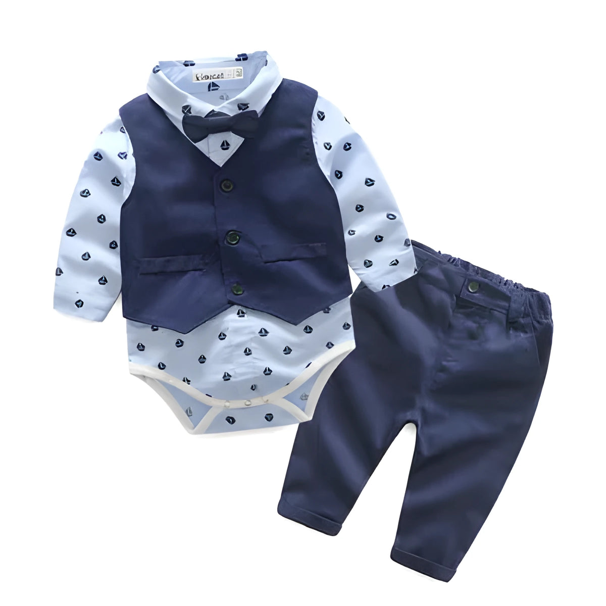 Young boy in blue cotton bow tie vest costume with shirt and pants for spring autumn