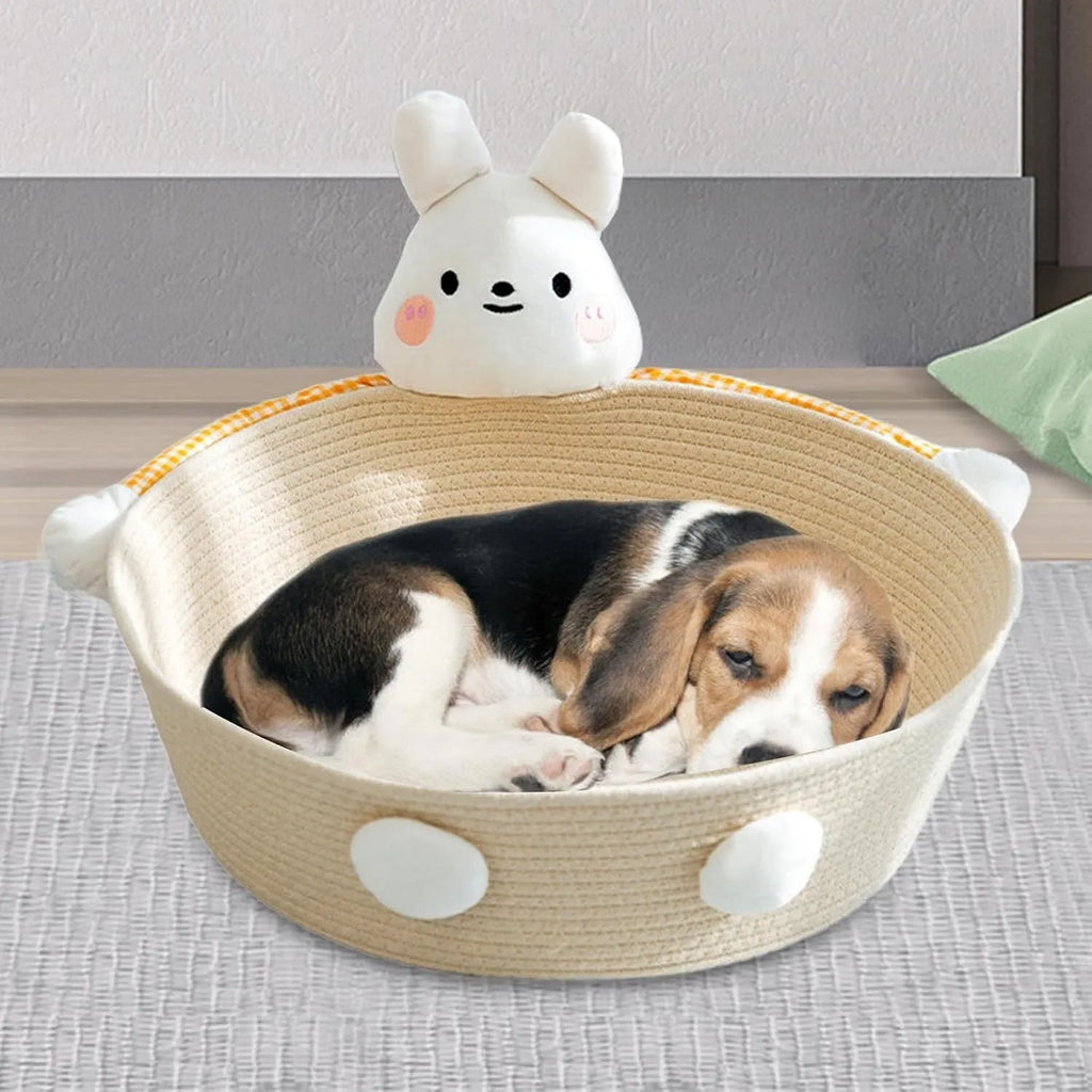 Woven cotton rope cat bed basket with scratching pad in bear design, shown in medium size.
