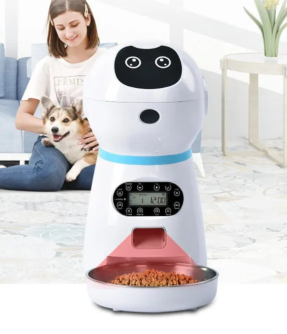 White automatic pet feeder with removable grain barrel, metal food tray, and 4-meal daily scheduling for 5mm-12mm dry food.