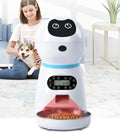 White automatic pet feeder with removable grain barrel, metal food tray, and 4-meal daily scheduling for 5mm-12mm dry food.
