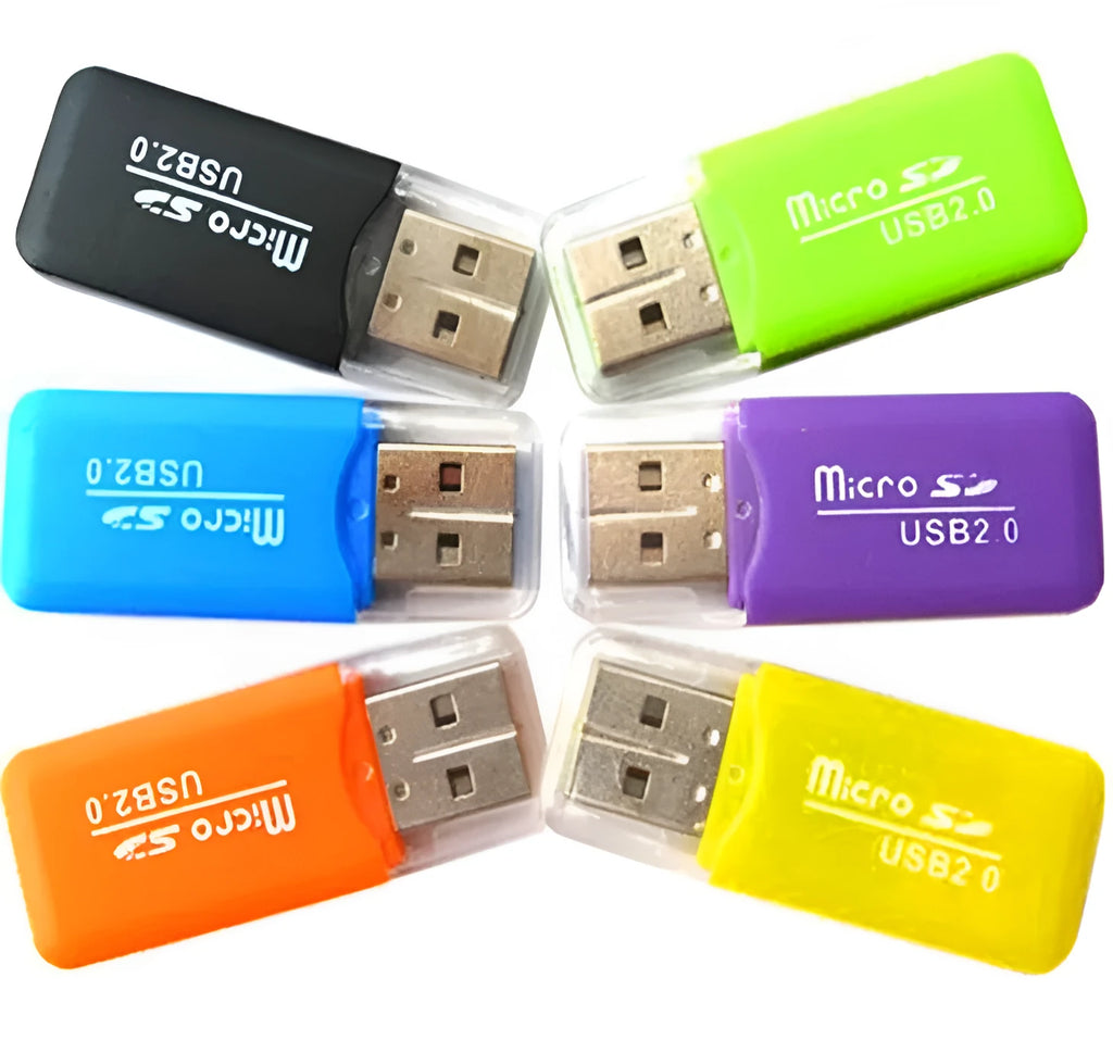 Mini USB card reader and SD adapter for TF and microSD memory cards.