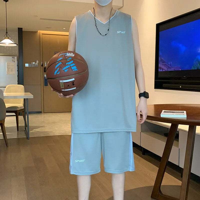Men's basketball sports set with sleeveless vest and matching shorts in thin polyester fabric