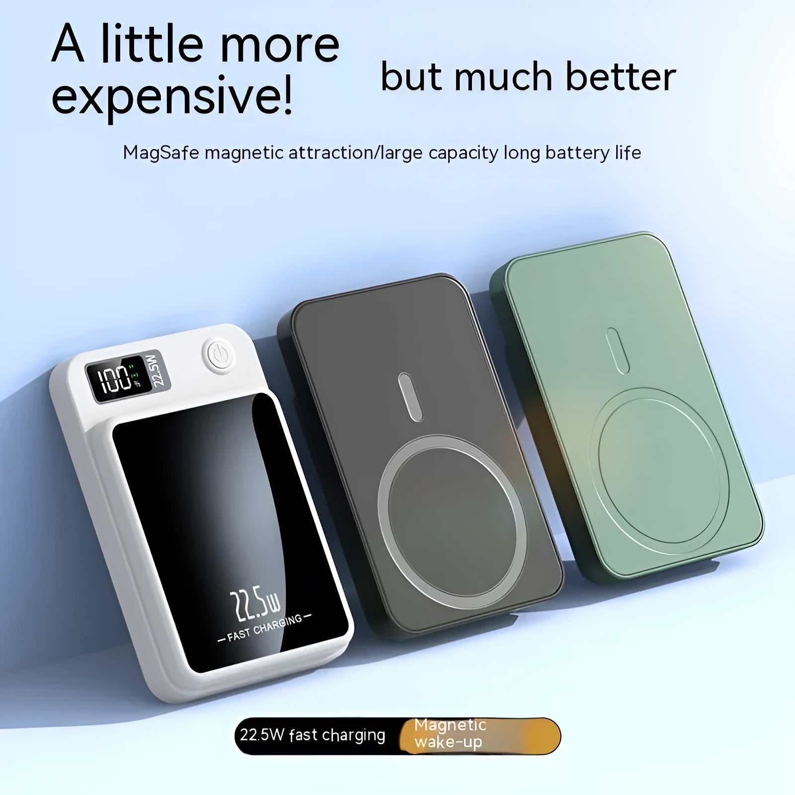 Wireless power bank with MagSafe in black, white, purple or green colours showing industrial design