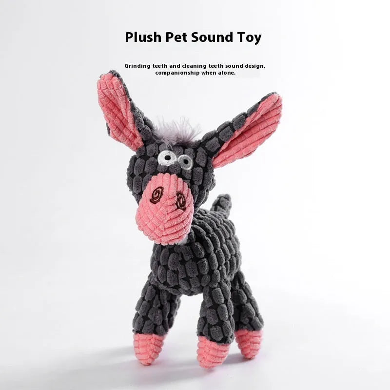 Plush pet chew toy for puppies in a selection of character styles including donkey, duck, and elephant.