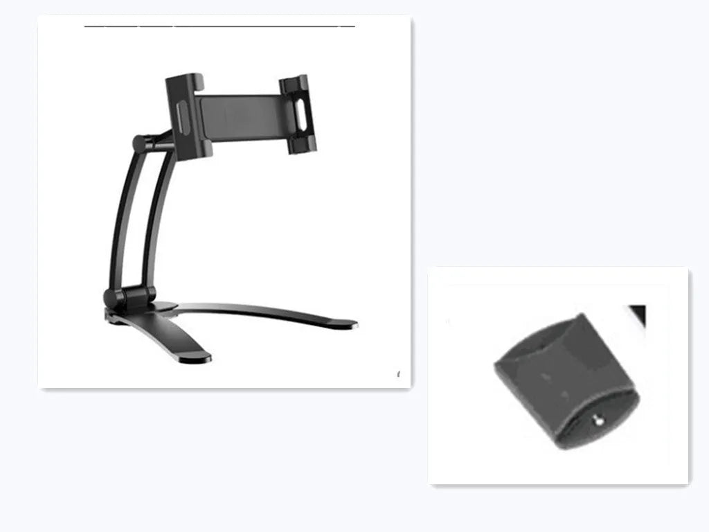 Silver aluminium alloy desktop tablet stand with adjustable clips and 360-degree rotation on a white mount.
