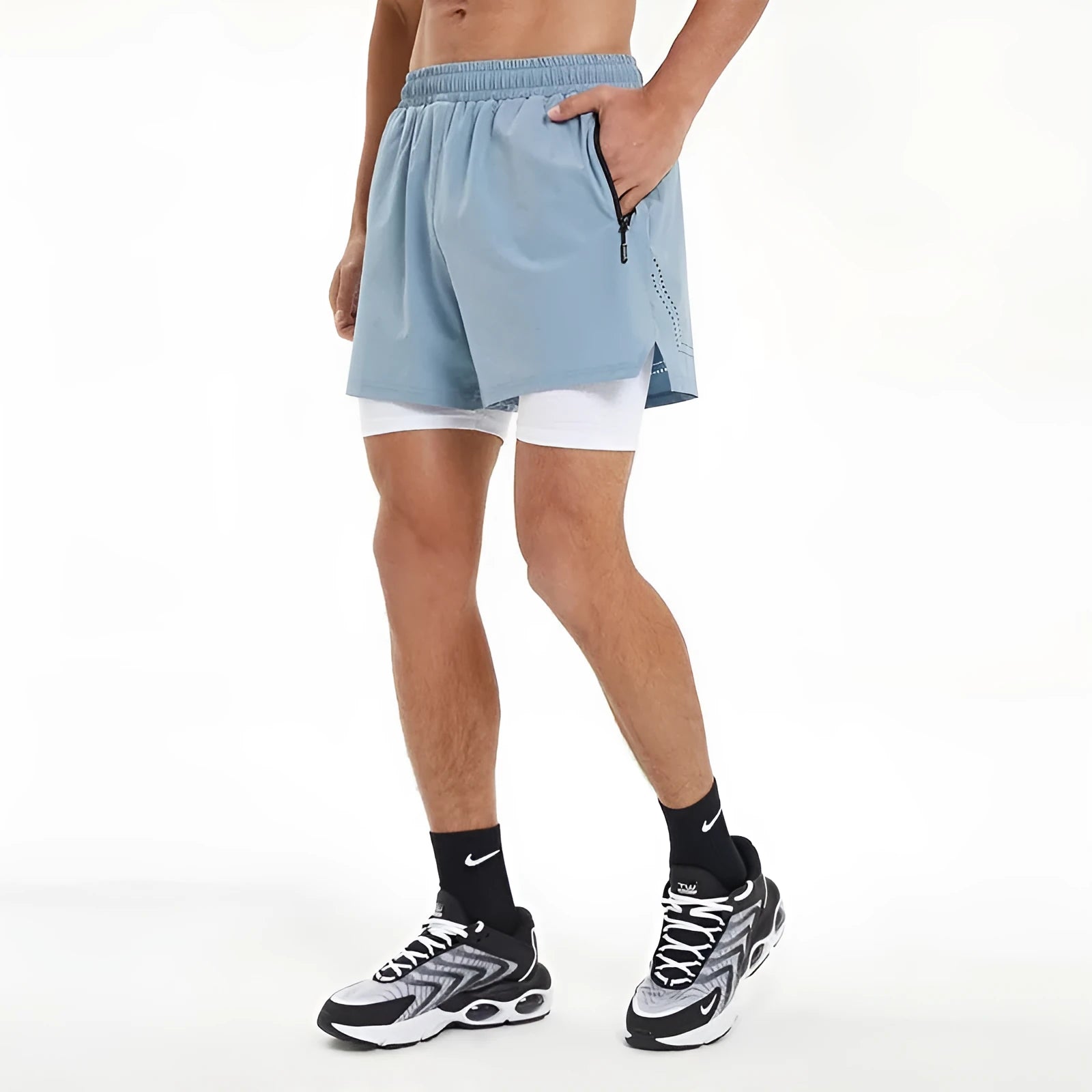 Men's black double-layer running shorts with inner liner for summer sports and fitness training