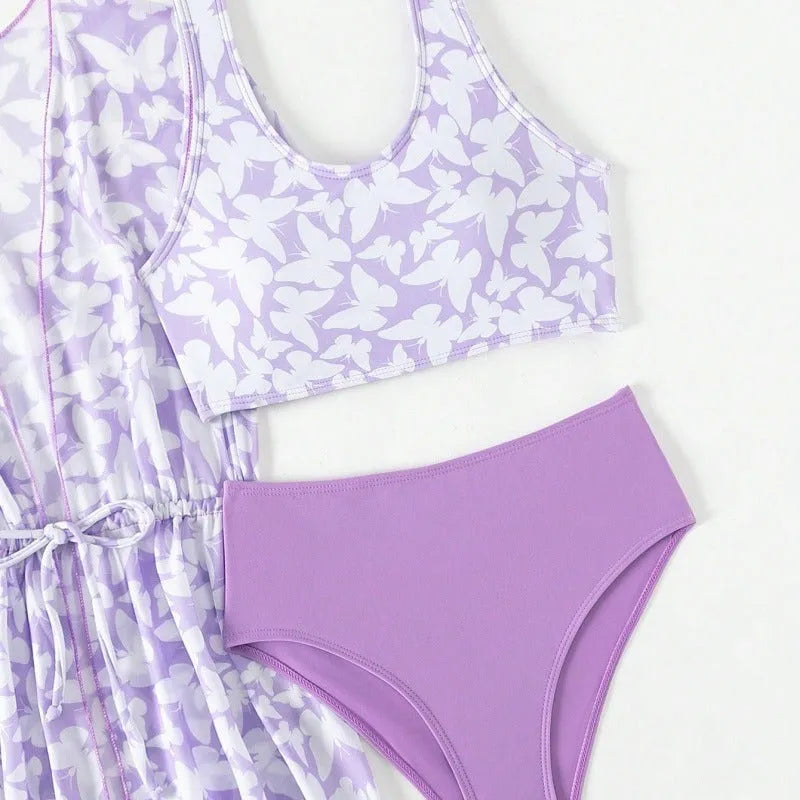 Three piece girls swimsuit cover-up set comprising coat, vest and pants in colour 3218