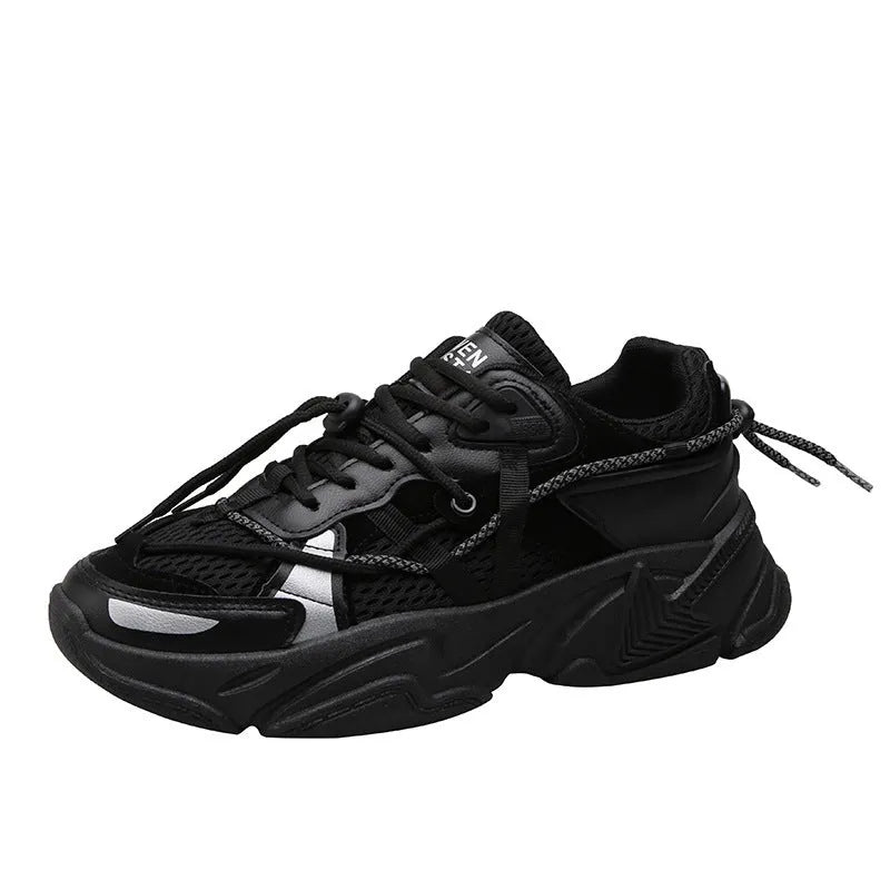 Men's Korean style platform dad shoes in white, black, or grey with lace-up front and mesh lining