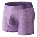 Men's low waist lace mesh boxers in black, showing geometric pattern and breathable fabric texture.