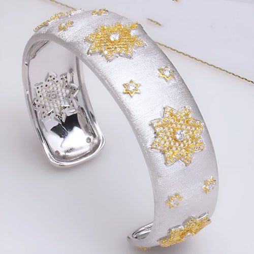 925 silver gold plated divided snowflake bracelet with open adjustable 18mm width
