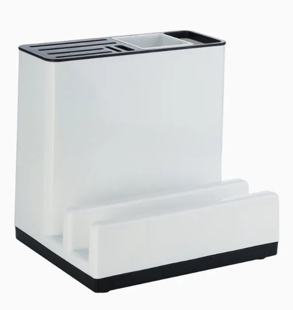 White plastic kitchen knife storage rack with integrated shelf and partitioned compartments