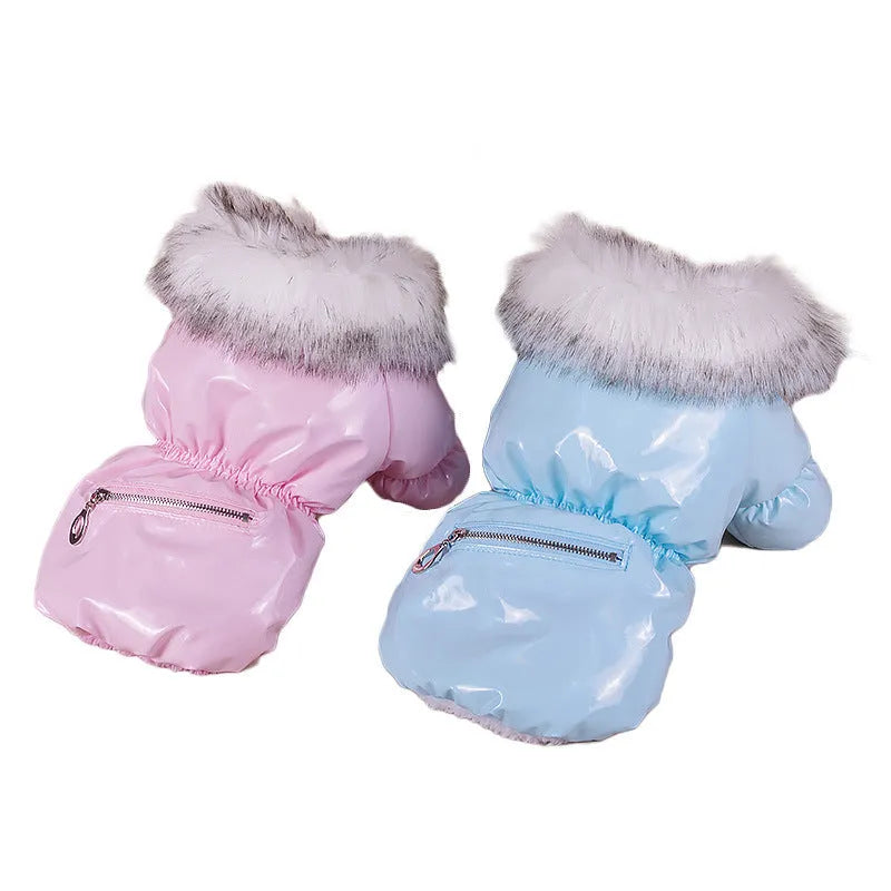 Blue British style cotton dog jacket for winter wear on medium-sized dog