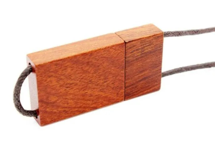 Lanyard wooden USB flash drive with solid wood shell in walnut finish on white background