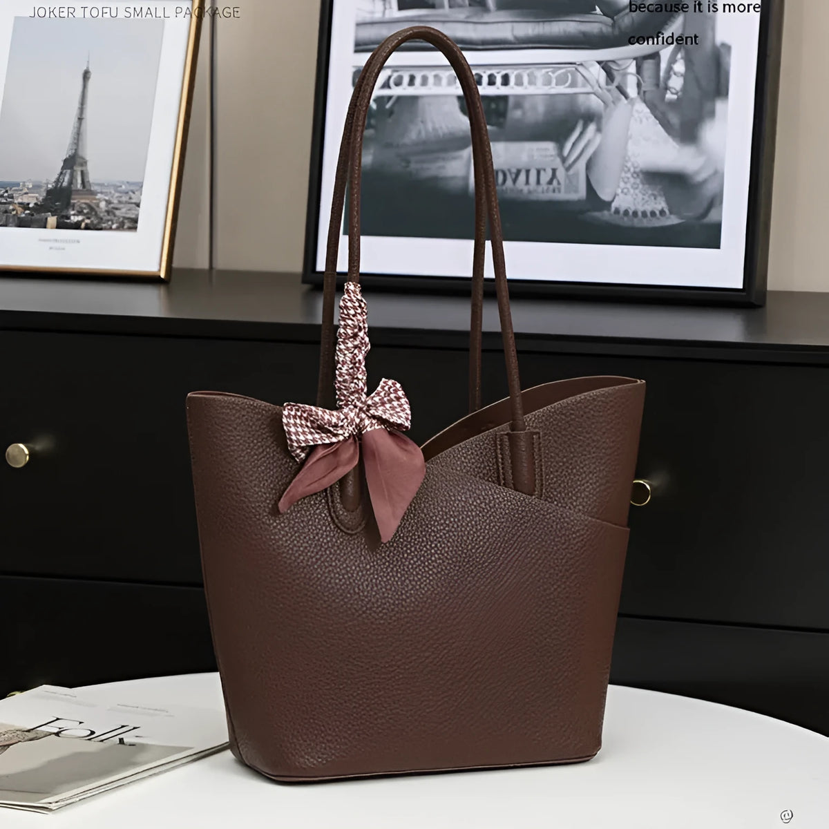 Large capacity casual PU shoulder handbag in European American retro style, vertical square shape, brown colour with sewing-line detail