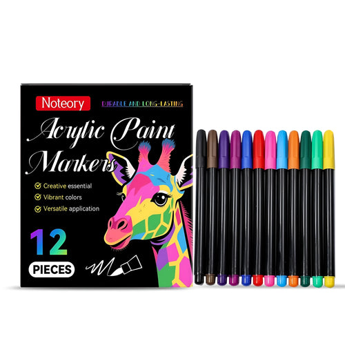 Pack of 12 acrylic paint markers with chisel tips for multi-surface art projects.