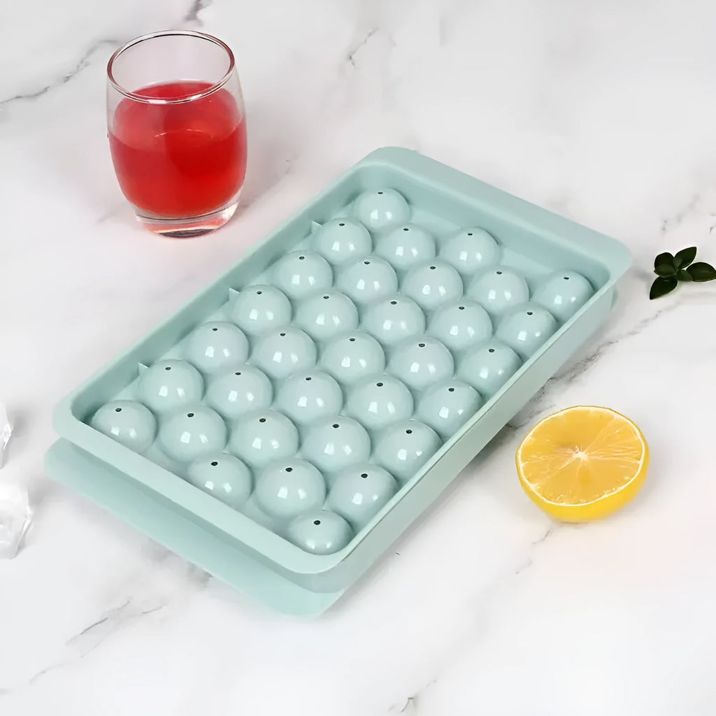 Blue silicone ice cube tray with lid showing 33 round grids, measuring 24x14x3cm