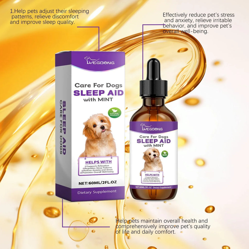 60ml bottle of dog sleep drops with mint extract for canine nighttime relaxation care