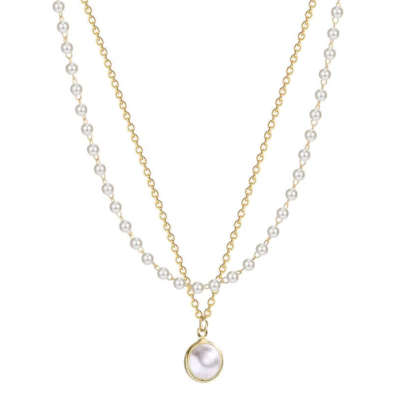 Double-layer pearl necklace with alloy chain and pearl pendant, inner chain 28.5cm, outer chain 40.0cm, extension chain 5.7cm