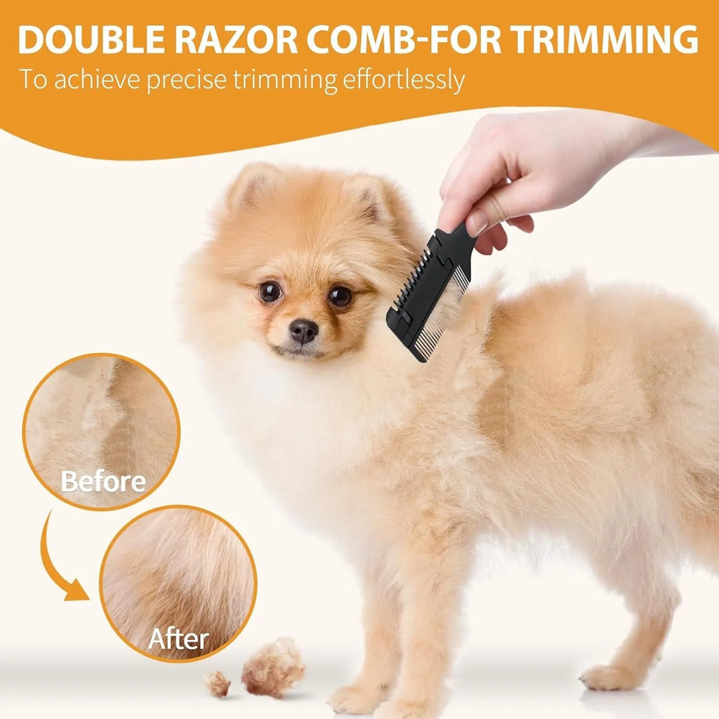 Pet razor comb grooming tool with comb teeth and integrated razor blade for dogs and cats